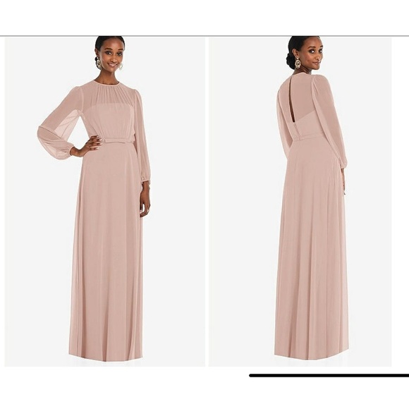 Dessy Collection Strapless Chiffon Dress W/Puff Sleeve Blouson Toasted Sugar - Picture 1 of 13
